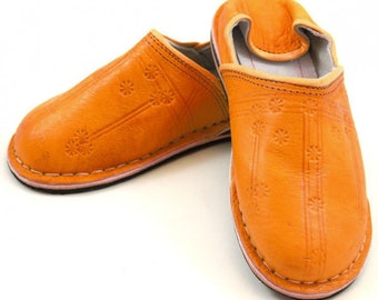 Orientalische Leder-Schuhe Handgemacht - Babouche Marokkanische Slipper Pantoffel Hausschuhe Schuhe aus Marokko Echtleder Sindbad Orange