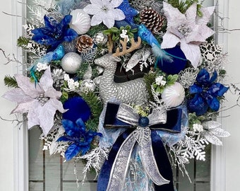 Breathtaking Royal Blue & Silver Reindeer Christmas/Winter Holidays Wreath (Video Available upon request).