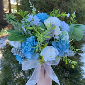 Unique Baby Blue and White Roses Wedding Bouquet