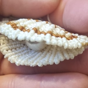 May include: A white and brown crocheted clam shell with a white pearl inside.