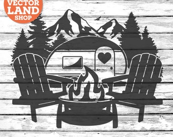 Camping SVG, Camp Fire SVG, Camping Chairs Scene, Adirondack Chair, Mountain Adventure, Forest Clipart, Silhouette Cut File, Camper Vector.