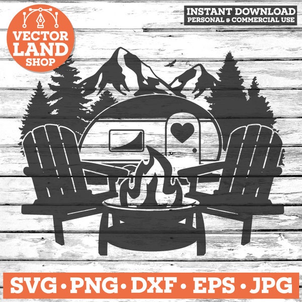 Camping SVG, Camp Fire SVG, Camping Chairs Scene, Adirondack Chair, Mountain Adventure, Forest Clipart, Silhouette Cut File, Camper Vector.