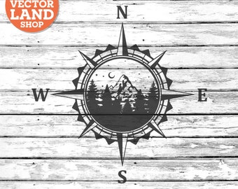 Compass SVG, Mountain Scene svg, Forest svg, Adventure svg, Travel svg, Silhouette Vector Landmark, Wanderlust, Cut File Design, Scrapbook.