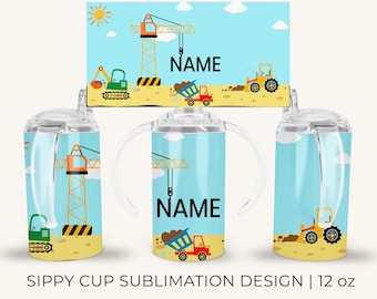 Tazza Sippy personalizzata per bambini da 12 once, regalo bicchiere per camion da costruzione per ragazzo, camion scavatore, design PNG a sublimazione, download istantaneo