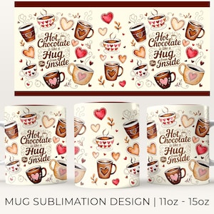 Puede incluir: Taza de cerámica blanca con un patrón repetido de tazas de café, corazones y la frase "Hot Chocolate is like a Hug from the Inside". El diseño de la taza incluye elementos marrones, rojos y beige. Disponible en tamaños de 325 ml y 444 ml.
