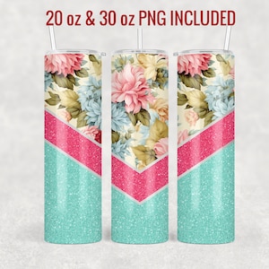 Puede incluir: Tres vasos de acero inoxidable con diseños florales. La mitad superior de los vasos presenta un fondo crema con flores rosas y azules. La mitad inferior es un diseño de purpurina turquesa con un galón rosa. El texto "20 oz & 30 oz PNG INCLUDED" está en la parte superior.