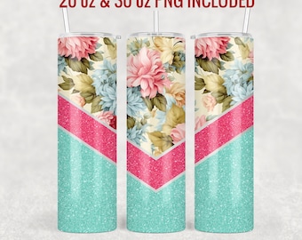 20 Oz & 30 Oz V Split Tumbler Template PNG for Skinny Straight Hogg | Floral Glitter Skinny Tumbler png