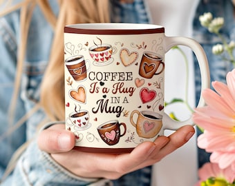 Coffee Hug 11oz & 15oz Mug Wrap, Cute Mug Wrap Sublimation Design PNG, Coffee Cup Template, Coffee Lover Mug Press Design Digital Download