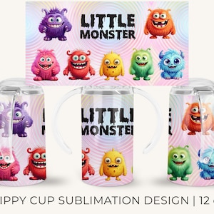 May include: A set of three 12-ounce clear sippy cups with colorful monster designs and the text "Little Monster" on a pink background with a swirling pattern.