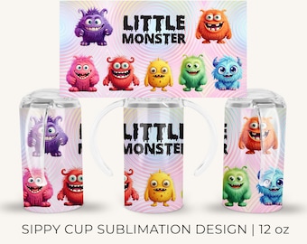 12oz Kid's Little Monster Skinny Straight Tumbler Sublimation Designs Digital Download Tumbler Wrap PNG Cute Sippy Cup Kids Water Bottle