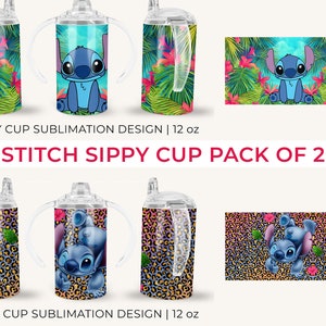 May include: Two 12 ounce clear sippy cups with handles. One cup has a tropical leaf and flower design with a blue Stitch character. The other cup has a leopard print design with a blue Stitch character. The cups are for sublimation.