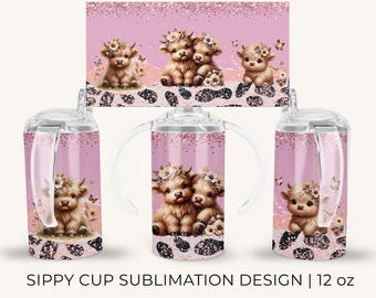 12oz Kids Sippy Cup, Kid's Baby Highland Cows Sippy Cup, Cute Sippy Cup Wrap, Sublimation PNG Design, Instant Download, Tumbler Template