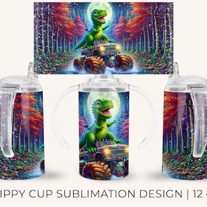 May include: A 12 oz sippy cup with a colorful design featuring a green dinosaur driving a monster truck under a full moon in a forest. The cup has a clear lid, handles, and a straw.