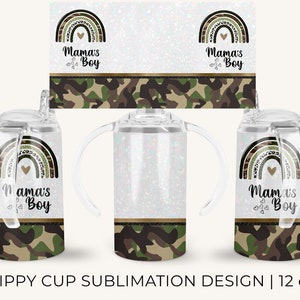 May include: A 12 ounce clear sippy cup with a green, brown, and black camouflage pattern and a rainbow with a heart and leopard print design. The text "Mama's Boy" is printed on the cup.