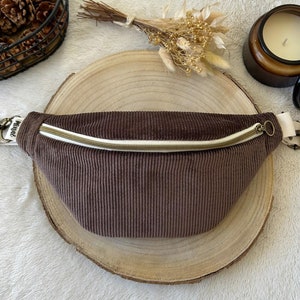 Sac banane femme en velours côtelé marron, doublure en coton fleuri avec poche intérieure, taille S, M ou L