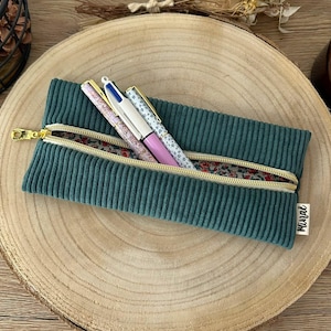 Trousse école en velours côtelé vert, trousse à crayons plate, idée cadeau
