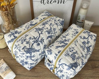 Quilted toiletry bag in blue toile de jouy, two sizes (M or L), gift for women