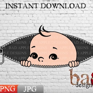 May include: A cartoon baby peeking out of a zipper with the text "bad apple designs" and the year "2023" below.