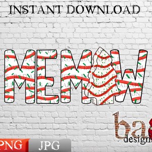 May include: Red and green striped Christmas tree design with the word "MEMW" in black outlined letters. The design is on a white brick background with the text "ba designs" in the bottom right corner.