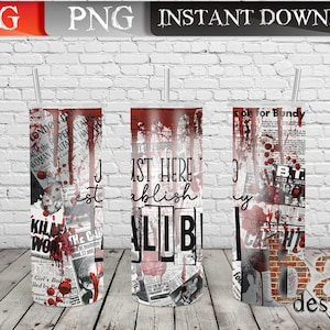 Könnte beinhalten: Drei hohe, zylindrische Becher mit Strohhalmen, mit einem Collage-Design mit Zeitungsausschnitten, Blutspritzern und dem Text "JUST HERE to establish LIBI". Das Design enthält die Wörter "KILL WORK" und "BT."