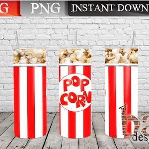 May include: Three red and white striped tumbler designs with a popcorn graphic. The center tumbler has the words "Pop Corn" in a circle.