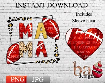 Football Mama, Heart On Sleeve, American Football, Sports, Leopard, Shirts, PNG, JPG, Mom, Sublimation, Print File, Design, Shirts, Cups