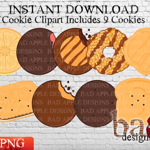 May include: A digital clipart set of nine cookies, including a chocolate chip cookie, a shortbread cookie, a lemon cookie, a peanut butter cookie, a sugar cookie, a chocolate sandwich cookie, a thin mint cookie, a Samoas cookie, and a Girl Scout cookie. The cookies are on a white brick background. The text "INSTANT DOWNLOAD Cookie Clipart Includes 9 Cookies" is at the top of the image. The text "bad apple designs" is at the bottom of the image.