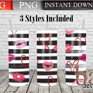 Hearts & Kisses Tumbler Wrap, Valentine&#39;s Day, Lips, Gift, Sublimation, Print File, Digital, Download, JPG, PNG, Straight 20oz