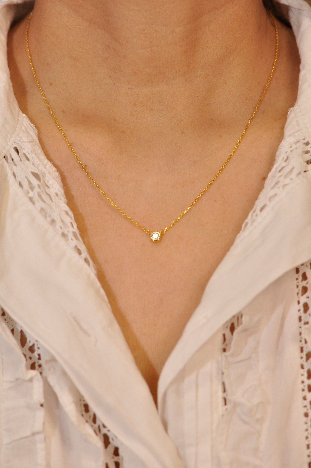 Dainty Gold Diamond Necklace Minimalist Solitaire Necklace Etsy