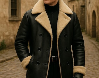 Chaqueta larga de piel de oveja 100% auténtica para hombre, hecha a mano.