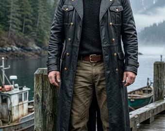 Gabardina de cuero auténtico vintage para hombre con detalle de botones de latón – Abrigo largo clásico del Oeste