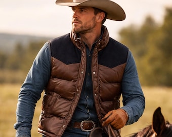 Western bruin leren puffervest voor heren, mouwloos cowboy-ruiterjack, vintage wintervest in ranchstijl