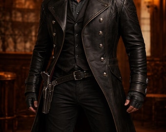 Gabardina gótica de cuero negro auténtico para hombre - Abrigo steampunk cruzado