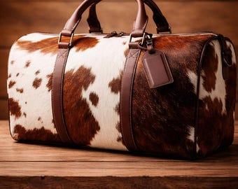 Bolsa de viaje de piel de vacuno hecha a mano / Bolsa de fin de semana con pelo sobre piel