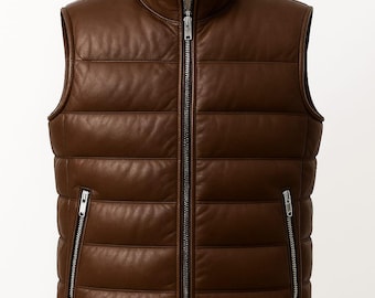 Men's Vintage Brown Handmade Leather Puffer Jacket: Sleeveless Bomber Style