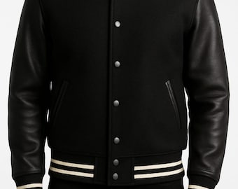 Handmade varsity jacket with leather sleeves and with 2 free custom patches.