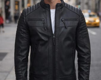 Chaqueta de cuero acolchada 100% auténtica de piel de cordero negra, hecha a mano, corte ajustado.
