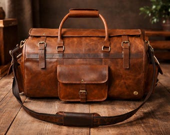 Bolsa de lona de piel de grano completo personalizada / Bolsa de fin de semana retro hecha a mano