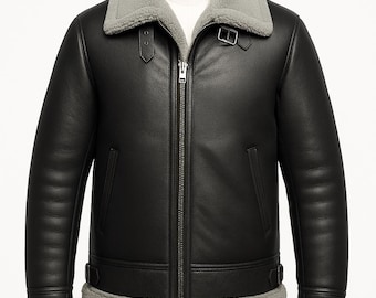 Chaqueta de cuero de borrego negro original hecha a mano para hombre.