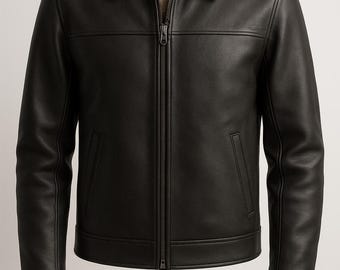 Chaqueta negra de cuero 100% original para hombre, cuello clásico, estilo para uso diario, etc.