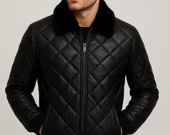 Chaqueta bomber de piel de cordero acolchada, hecha a mano, original y de alta calidad, con cuello de piel.