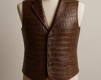 Chaleco de cuero genuino con relieve de cocodrilo hecho a mano / Chaleco clásico marrón con botones al frente.