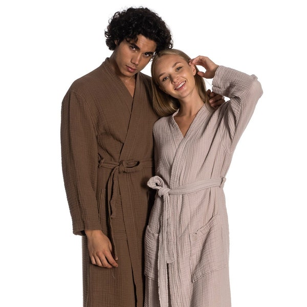 Langer Kimono-Bademantel aus Musselin - 4-lagige Gaze-Robe aus Bio-Baumwolle, Unisex-Kleid aus Lendenschurz