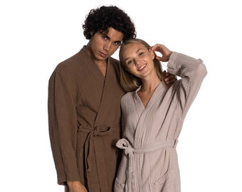 Long Muslin Kimono Bathrobe - 4 Layers Gauze Organic Cotton Robe, Unisex Soft Loincloth Gown