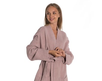 Muslin Kimono Bathrobe - 4 Layers Gauze Organic Robe With Pockets, Unisex Quick Dry Loincloth, Bathrobe gift
