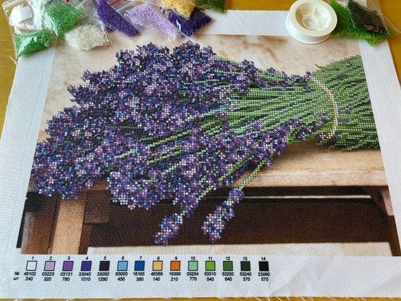 Bead Embroidery Kit FLOWER LAVENDER Hand Embroidery Kit Needle Work  Beadwork Beading Embroidery Modern Wall Decor 