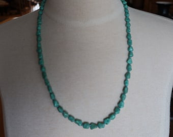 Vintage Chinese hand knotted turquoise chunk necklace sterling silver clasp 25"