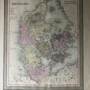 Mapa Danii z ok. 1848 r. Stan bardzo dobry. 24"x18"
