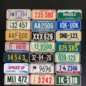 Puede incluir: Una colección de placas de matrícula vintage de diferentes estados de los Estados Unidos. Las placas están dispuestas en una cuadrícula y presentan varios colores, diseños y nombres de estados. Algunas de las placas incluyen el año en que se emitieron, como "1970" y "1990".