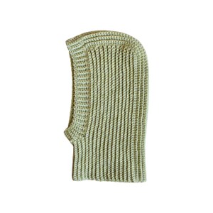 May include: A light green crocheted balaclava hat with a ribbed texture.